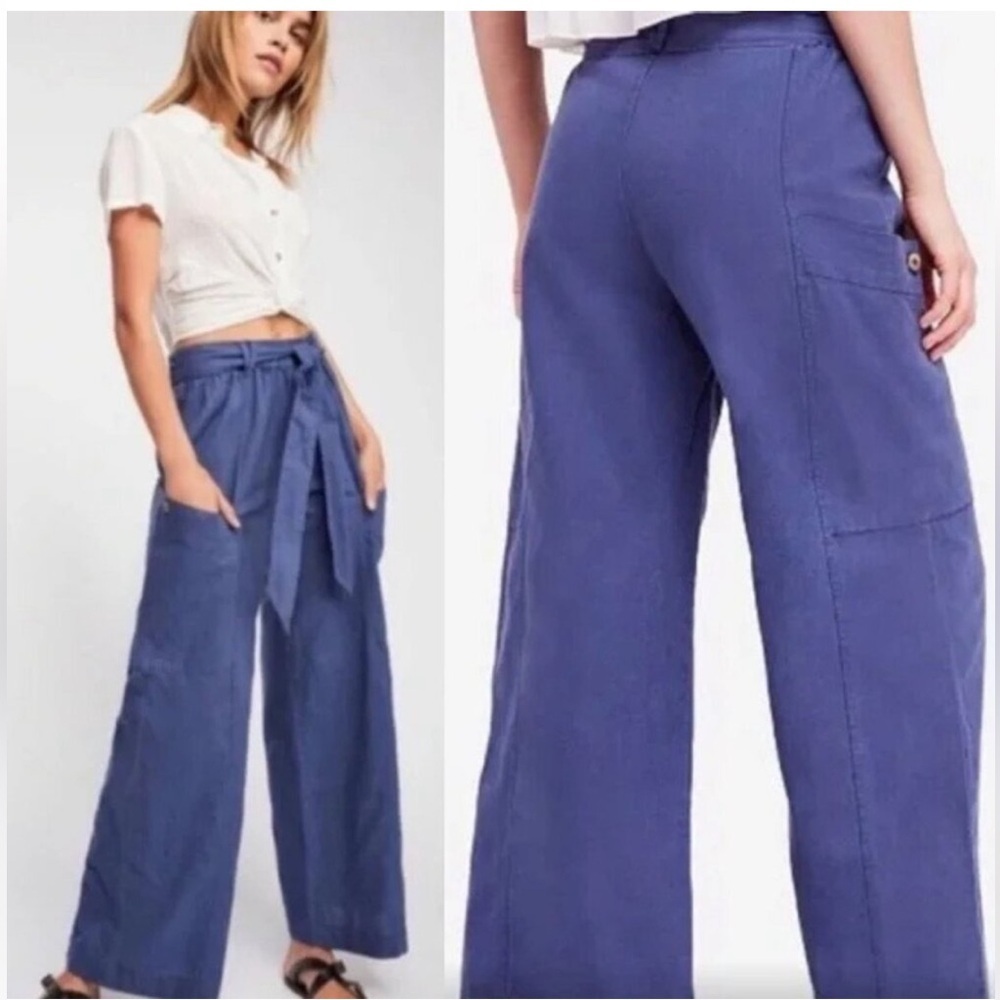 Free People Bluebell Belted Wide Leg Linen-Blend Pants W/Leg Pockets Blue SZ M